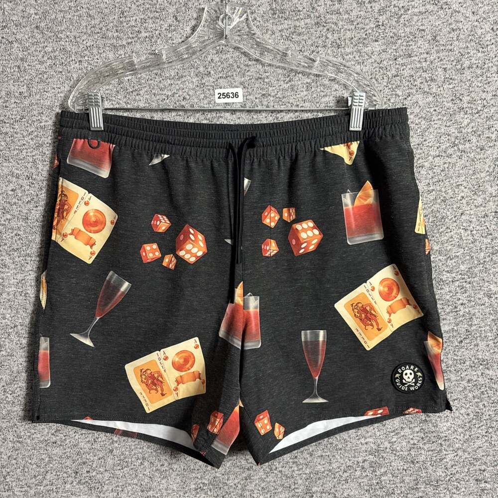 Roark Men's XL Black Dice, Drink, Card Print Shorts With Pockets And Drawstring